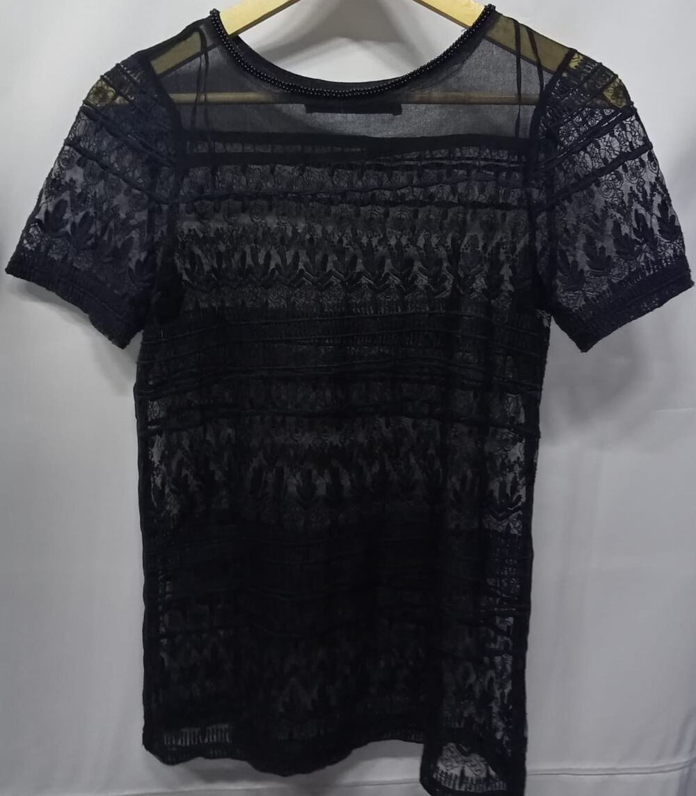 ZARA BASIC Black Sheer Lace Top Solid Short Sleeve Women Size S
